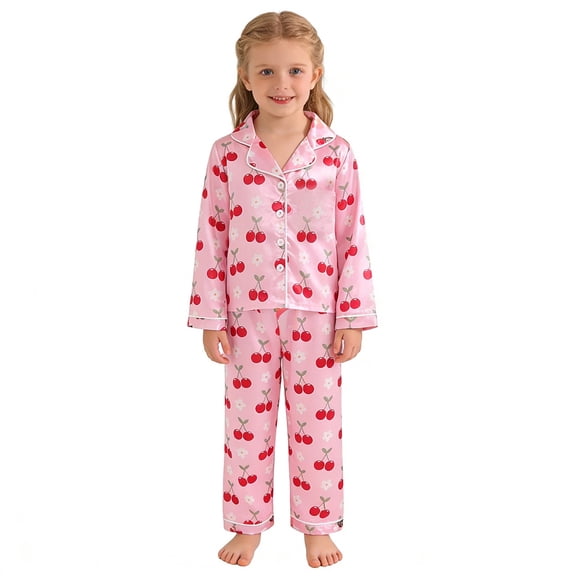 BOOMNY Girls 2 Peice Homewear Outfits Summer Loungewear Set for Girls Long Sleeve Cherry Graphic Tops Pants Cozy Sleepwear Sets