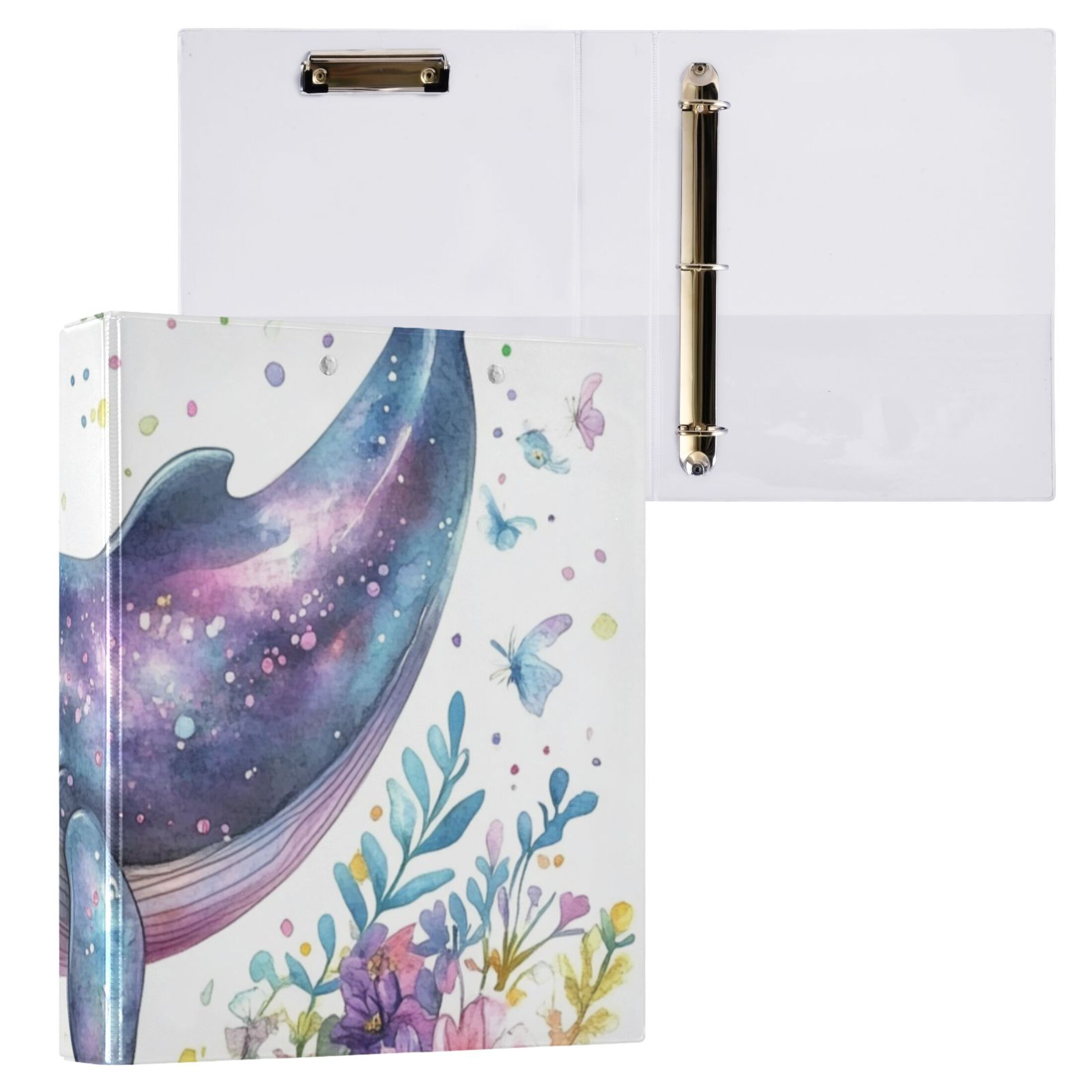 Whale and Flowers 3 Ring Binders 1.5 inch Hardcover File Folders with Interior Pockets A4 Size Organizer for School Office Hospital
