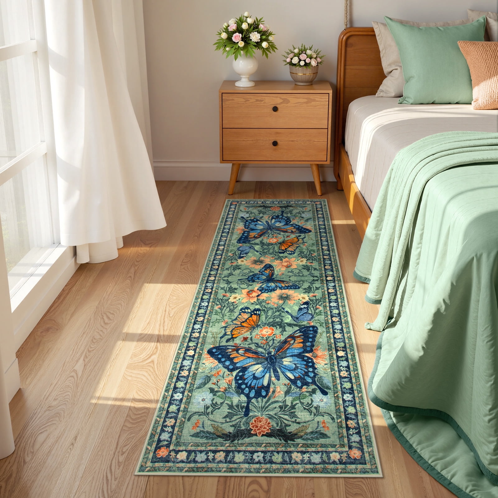Lahome Decor 2'x6' Butterfly Kitchen Rug,2x6ft Runner Rugs for Hallways, Non-Slip Washable Rugs Stain Resistant Boho Floral Runner Low-Pile Runner Rug Rubber Backing for ‎Bathroom Bedroom,Green