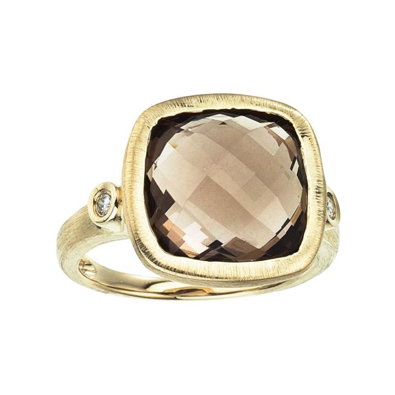 14k Brushed Yellow Gold Cushion Cut Smoky Topaz and Diamond Ring