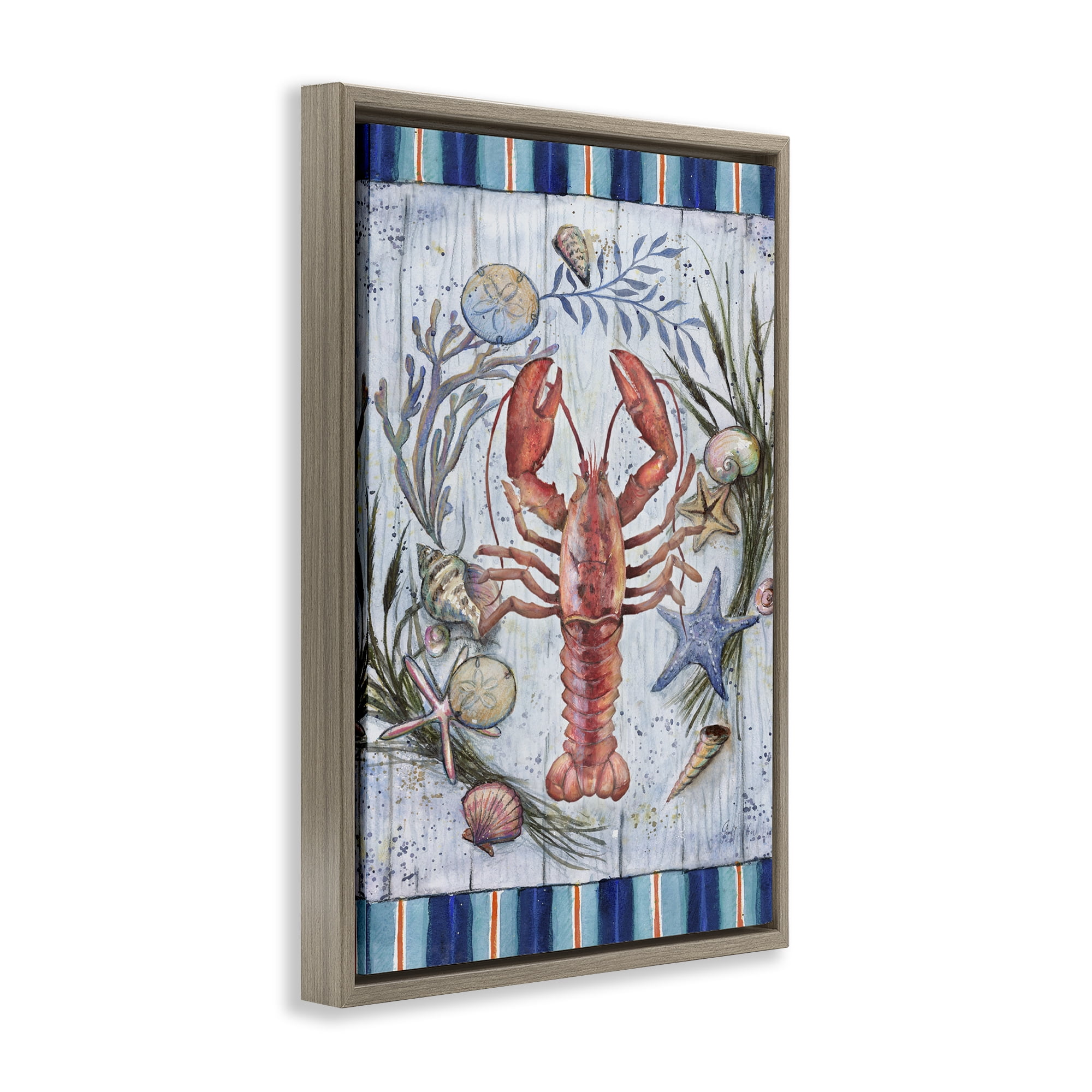 Stupell Industries Coastal Wreath & Lobster Nautical & Beach Painting Brown Floater Framed Canvas Art Print Wall Art, 21 x 31