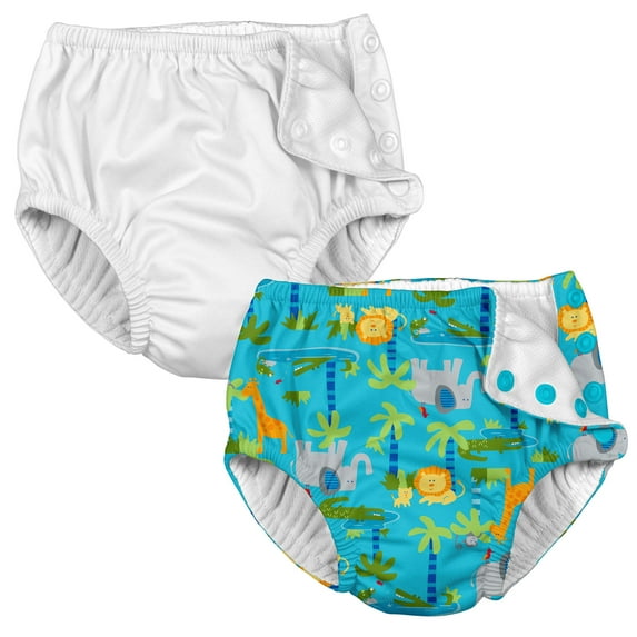 i play Baby and Toddler Snap Reusable Swim Diaper - White and Aqua Jungle - 2 Pack