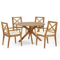 GDF Studio Geelong Outdoor Acacia Wood 5 Piece Dining Set with Cushion, Teak and Cream