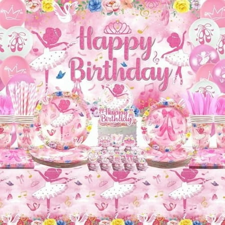 Ballerina Birthday Party Decoration - Ballet Tableware, Plates, Cups, Napkins, Tablecloth, Happy Birthday Backdrop, Balloons, Cake Toppers for Girls, Women, Dance Party Supplies