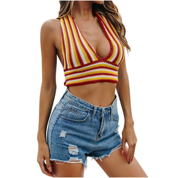 Tops for Women Casual Tank Tops Striped Deep V Neck Cropped Tie Knit Sleeveless Shirts Blouse Beach Vest Summer Clothes