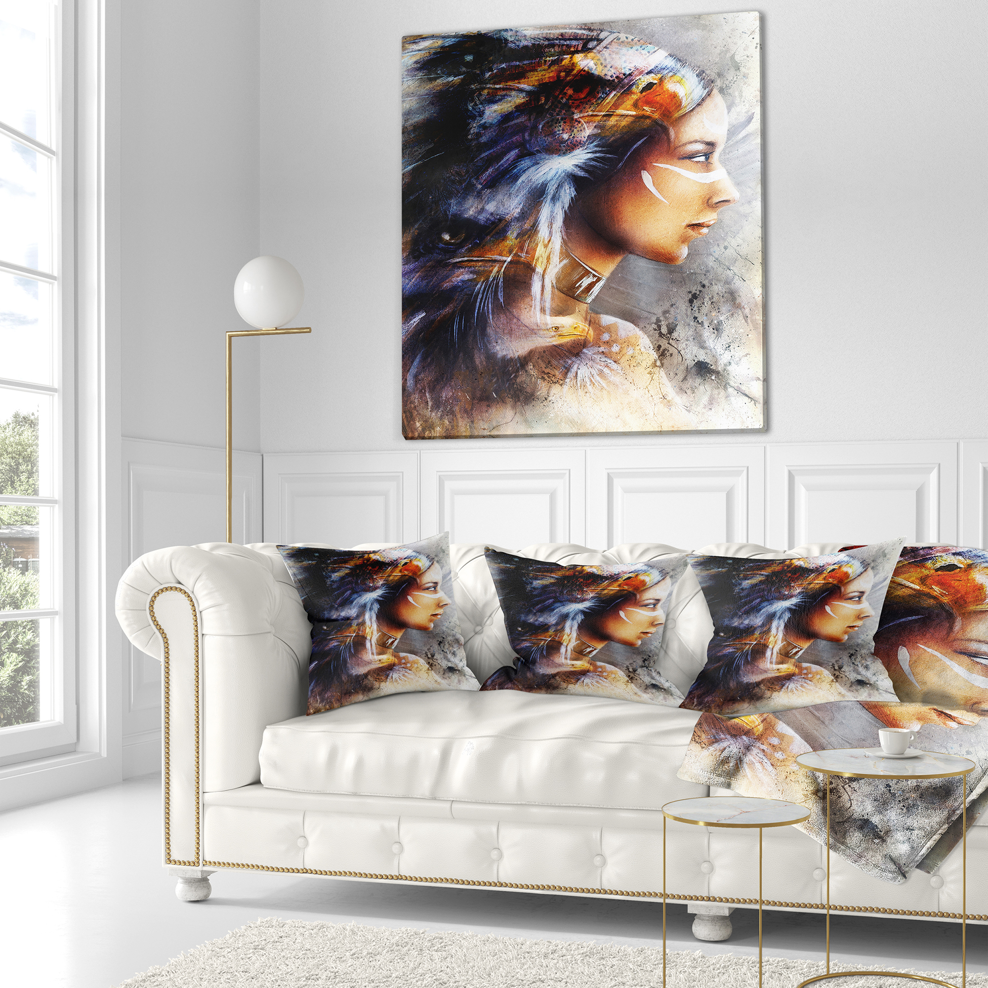 Designart Woman with White Horse Eagles - Indian Throw Pillow - 18x18