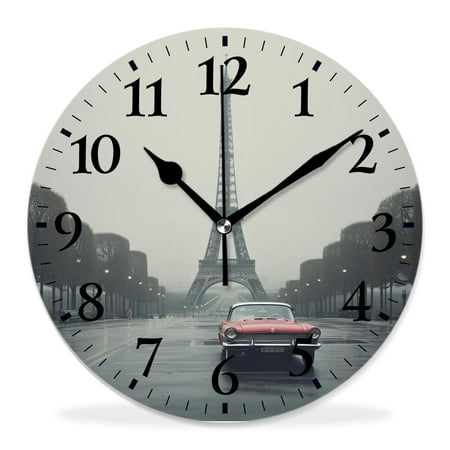 12 Inch Wall Clock Battery Operated Silent Clock Decorative for Office, Kitchen, Outdoor, Living Room,Cars Romantic Landscape Famous Eiffel Tower on a Cloudy Day Pattern