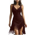 thumbnail image 2 of XUNKUSGA Womens Dresses Retro V Neck Spaghetti Strap Faux Suede Dress Fashion Sleeveless Fringe Dress Classic Solid Color Cowgirl Outfits for Women,Red,XL, 2 of 8