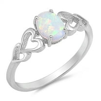CHOOSE YOUR COLOR White Simulated Opal Oval Heart Cutout Promise Ring .925 Sterling Silver CZ Female Size 10