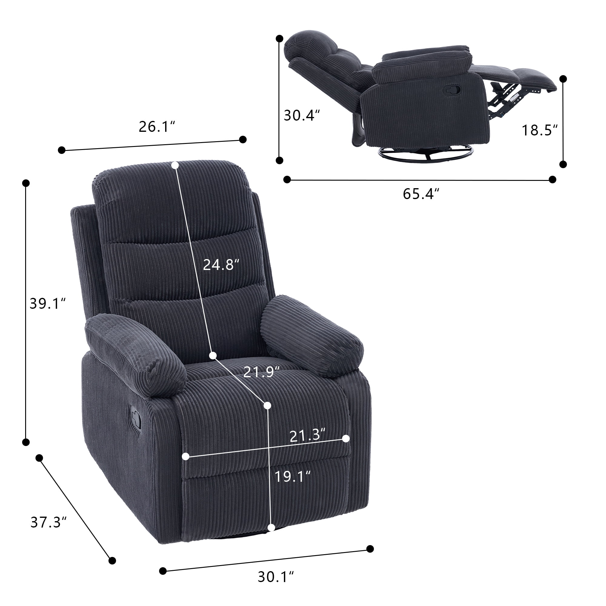GAOHAPY Rocking Recliner Chair,Modern Swivel Glider Recliner Chair,Corduroy Fabric Upholstery Recliner,Manual Reclining Sofa Chair for Living Room,Office,Apartment,Dark Grey