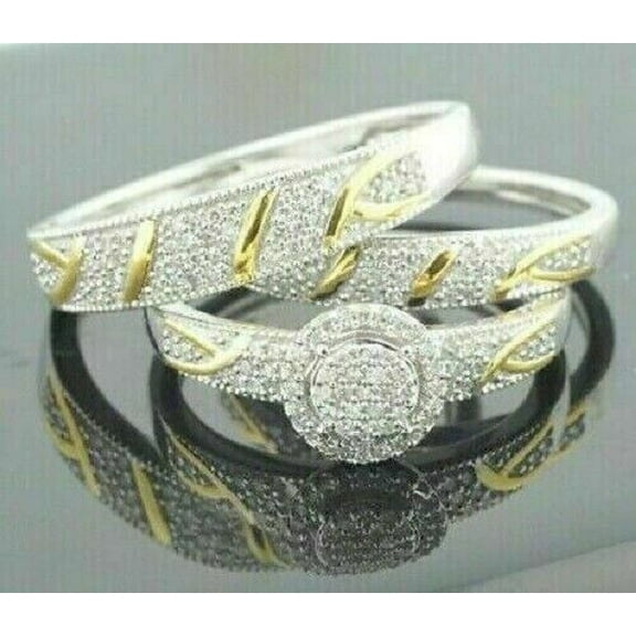925 Sterling Silver Women's Men's White Diamond Wedding Trio Ring Set -4