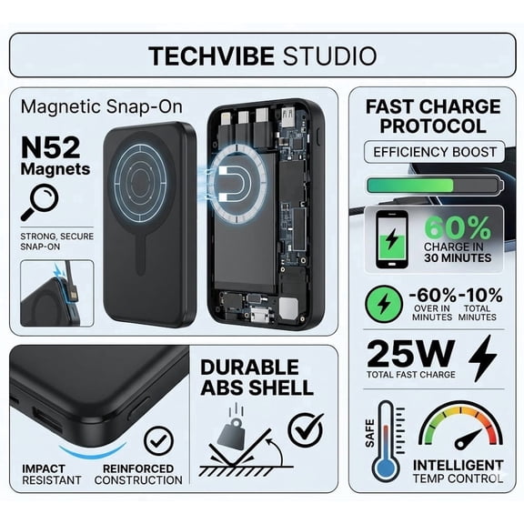 10000mAh Magnetic Power Bank with Built-in Cables, 22.5W Fast Charging Wireless Portable Charger for iPhone 16/15/14/13, Black
