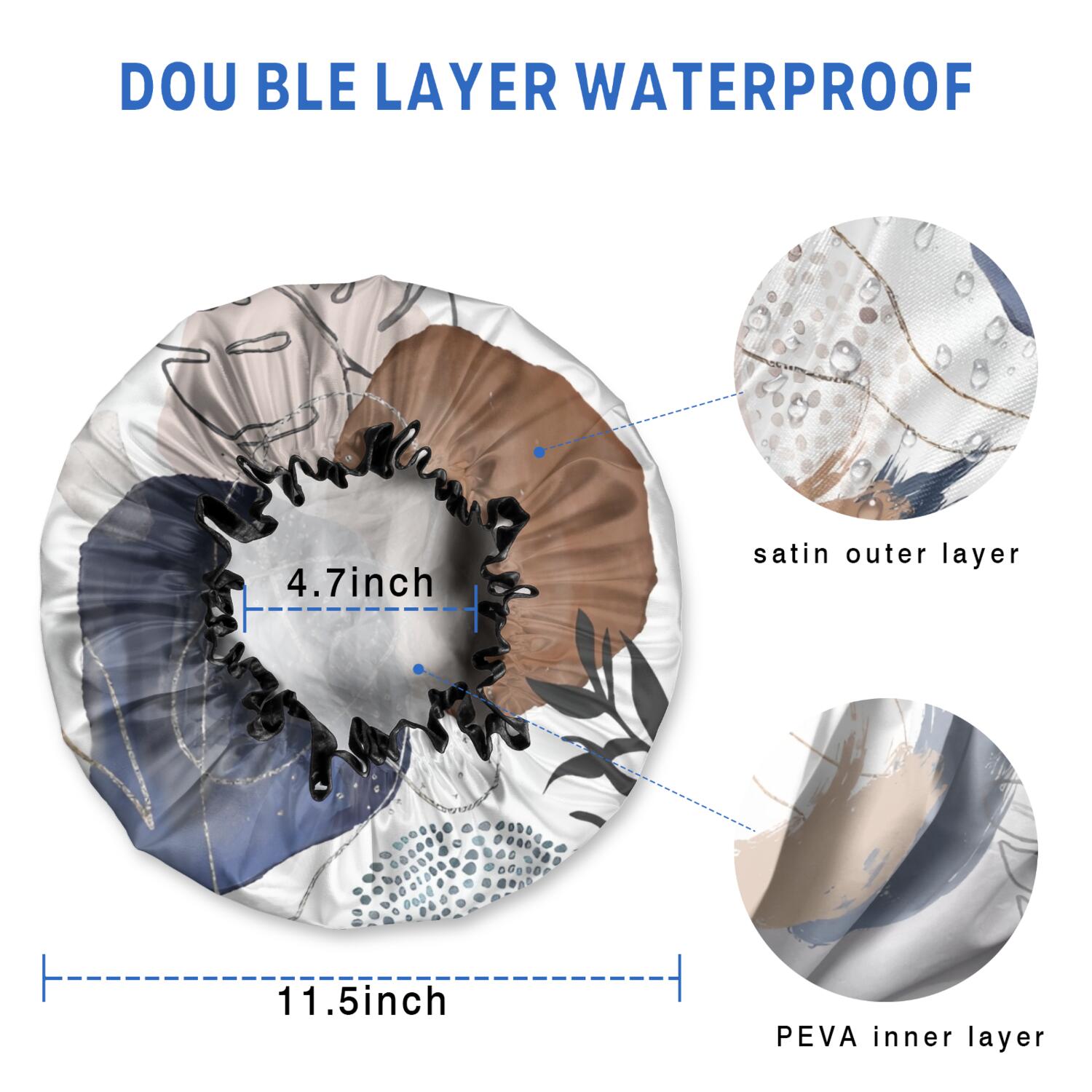 Shower Caps,Blue Boho Abstract and Plant Pattern Waterproof Shower Cap for Women 4 Pieces,Double Reusable Hair Cover for Shower PEVA Elastic Stretch Hem