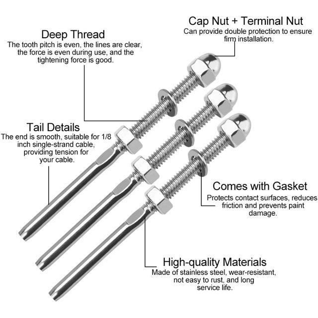 10 piezas de tensores de cable roscado inoxidable tensor de cuerda de alambre de acero inoxidable conector de cuerda de alambre con junta de tuerca para sistemas de aparejo de barandilla de 1/8"