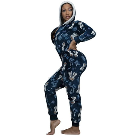 

Women Christmas Long Sleeve Hooded Jumpsuit Cartoon Xmas Print V-neck Zipper One-piece Pajamas Slim Homewear
