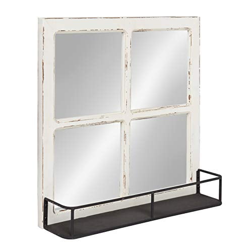 Kate and Laurel Jackson Distressed Wood Windowpane Mirror with Metal Shelf, White