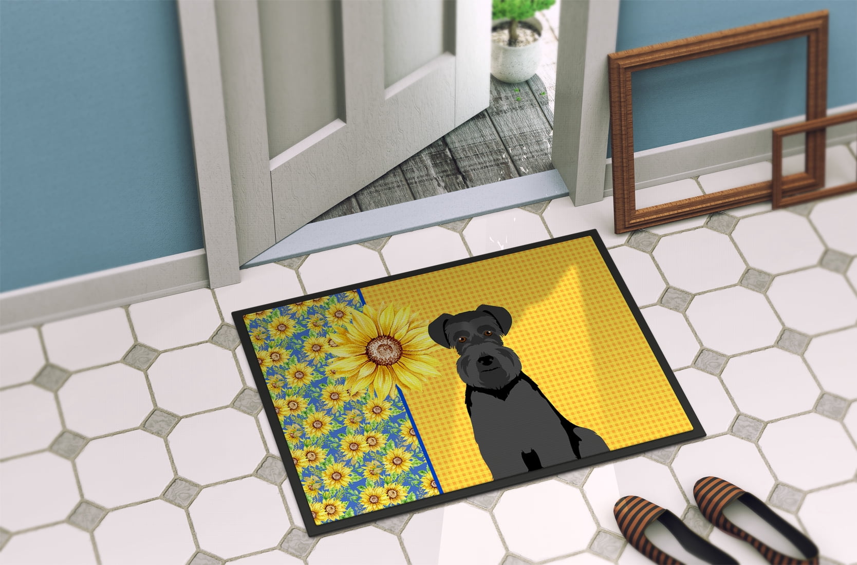 Summer Sunflowers Black Natural Ears Schnauzer Indoor or Outdoor Mat 24x36 36 in x 24 in