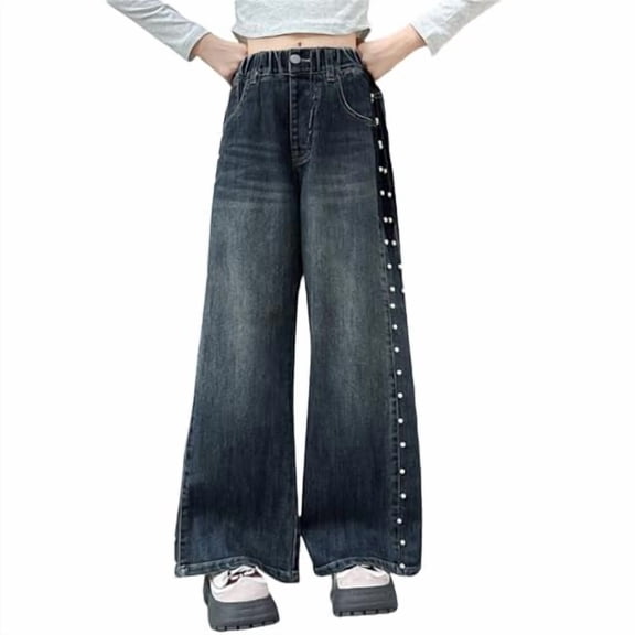 Duqingm Girls Jeans Wide Leg High Waisted Trendy Side Studded Embellished Distressed Stretchy Denim Pants Outwear Dailywear (Blue,4-5 Years)