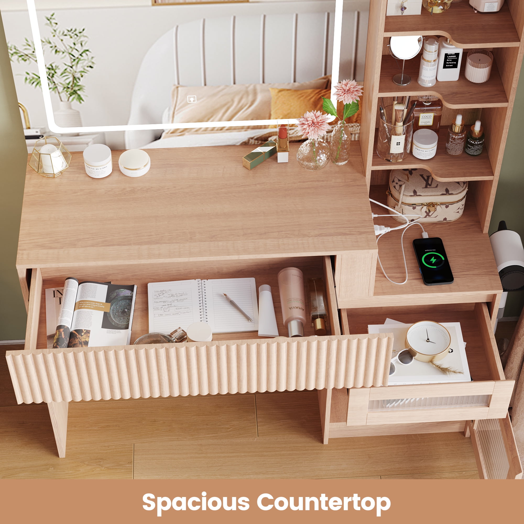 Vanity Desk with Mirror and Lights, Makeup Table with USB Charging Station, 2 Drawers and Storage Shelves, Brown