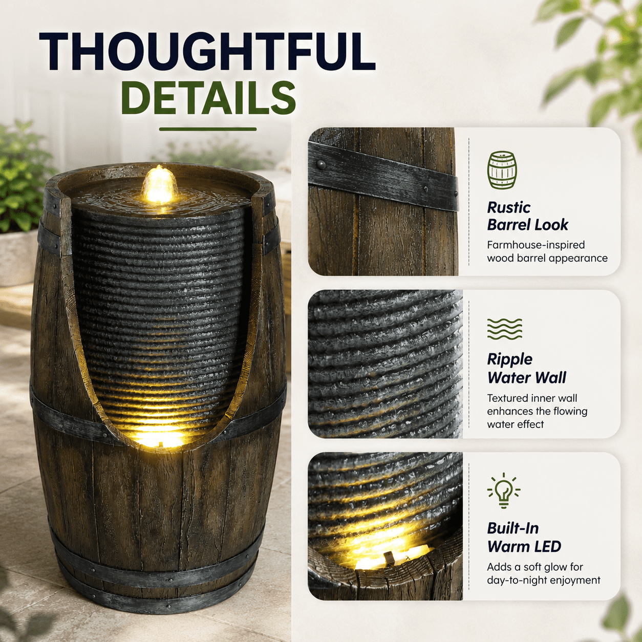 Aukfa Farmhouse Barrel Outdoor Water Fountain with LED Lights for Patio Garden Yard,Green