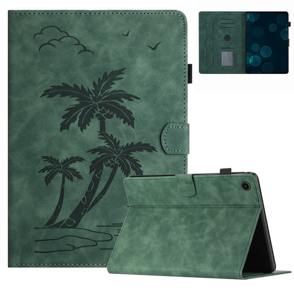 Case for Samsung Galaxy Tab A8 Case 10.5 Inch 2022 SM-X200/X205/X207,PU Leather Embossed Coconut Tree Slim Case with Pencil Holder Card Slot Protective Smart Cover,Green