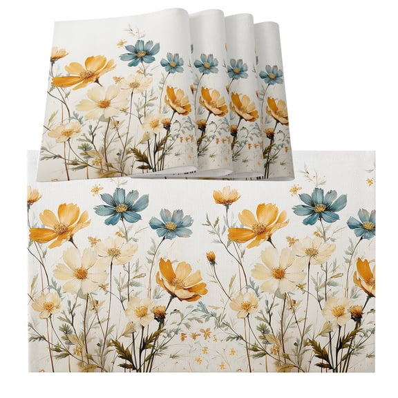 Yellow Blue Spring Floral Placemats for Dinning Table Set of 6, Watercolor Summer Botanical Burlap Kitchen Place Mats Waterproof Cloth Table Mats, Indoor Outdoor Placemats Easy Clean Dinner Decor