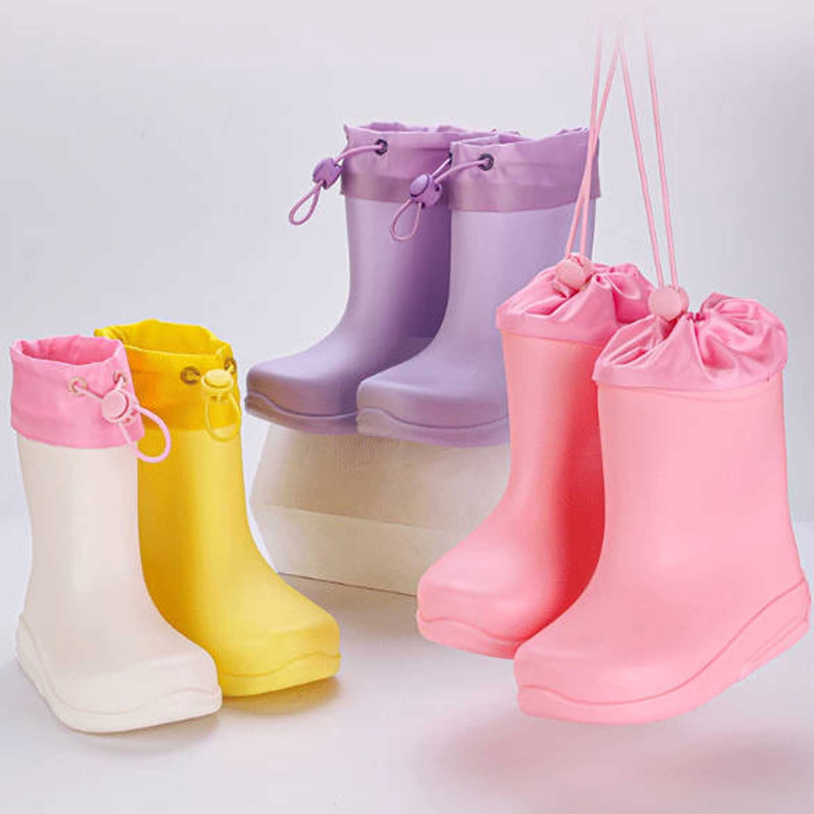 DHFJKG Kids Durable Rubber Rain Boots For Boys Girls Easy-On Non- Lightweight Mid Top Tube Solid Color Waterproof Boots With Elastic Drawstring Rainy Season Outdoor Cozy Shoes