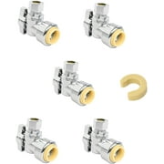 Push Fit Shark Bite Style Brass Angle Stop Shut Off Valve 1/2" Nom x 3/8" OD Comp, W/Dismount Clip Tool, 1/4 Turn ON/Off for Bathroom Fixtures - Faucet, Toilet Supply Shut-Off - Lead Free (5 Pack)