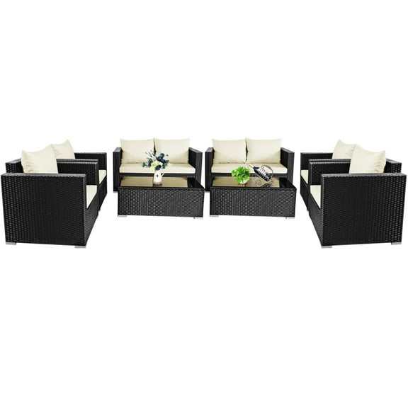 Gymax 8PCS Rattan Patio Conversation Set Outdoor Furniture Set w/ Off White Cushions