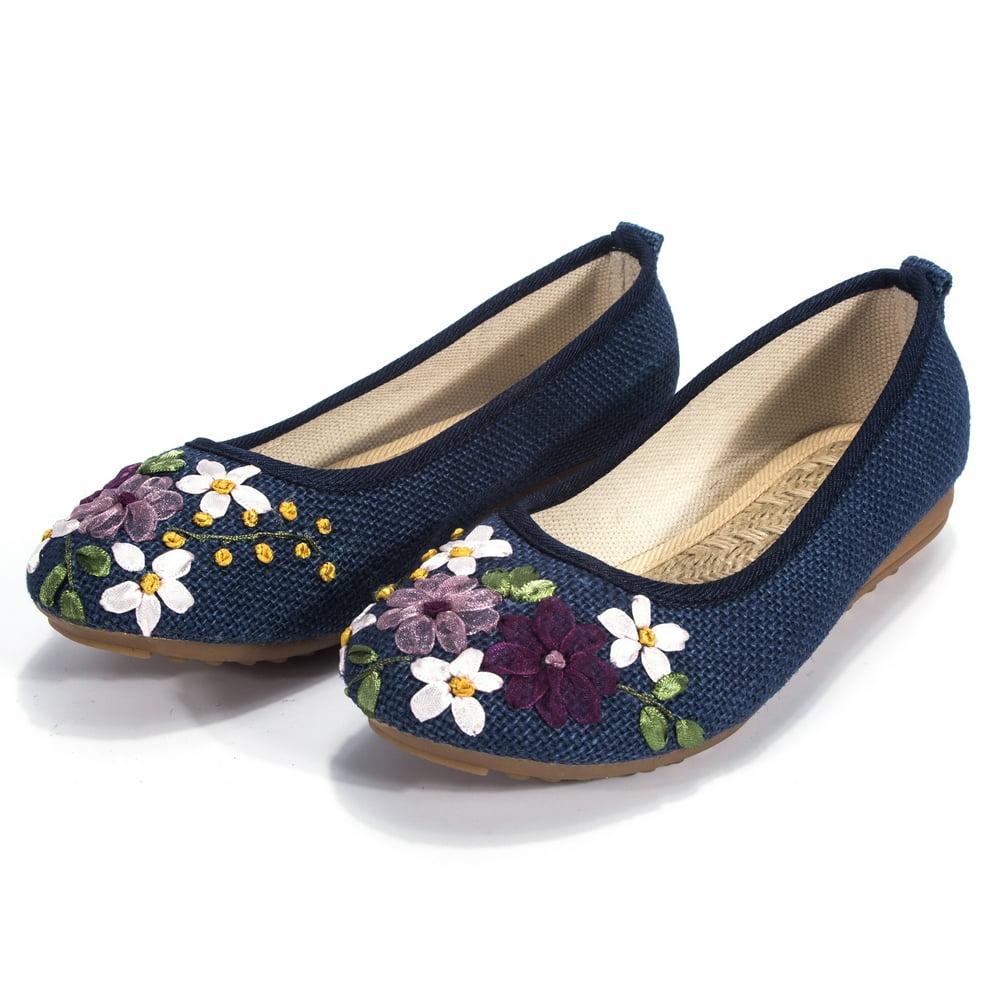 Dodoing - DODOING Womens Ballet Flats Floral Embroidered Cut Platform Shoe Slip On Casual