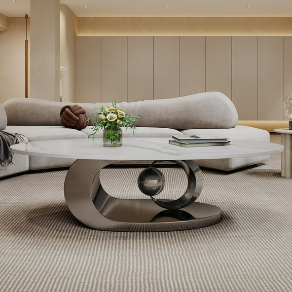 Oval Coffee Table for Living Room, Modern Center Table with Faux Marble Tabletop and Sculptural Stainless Steel Base, Silver White