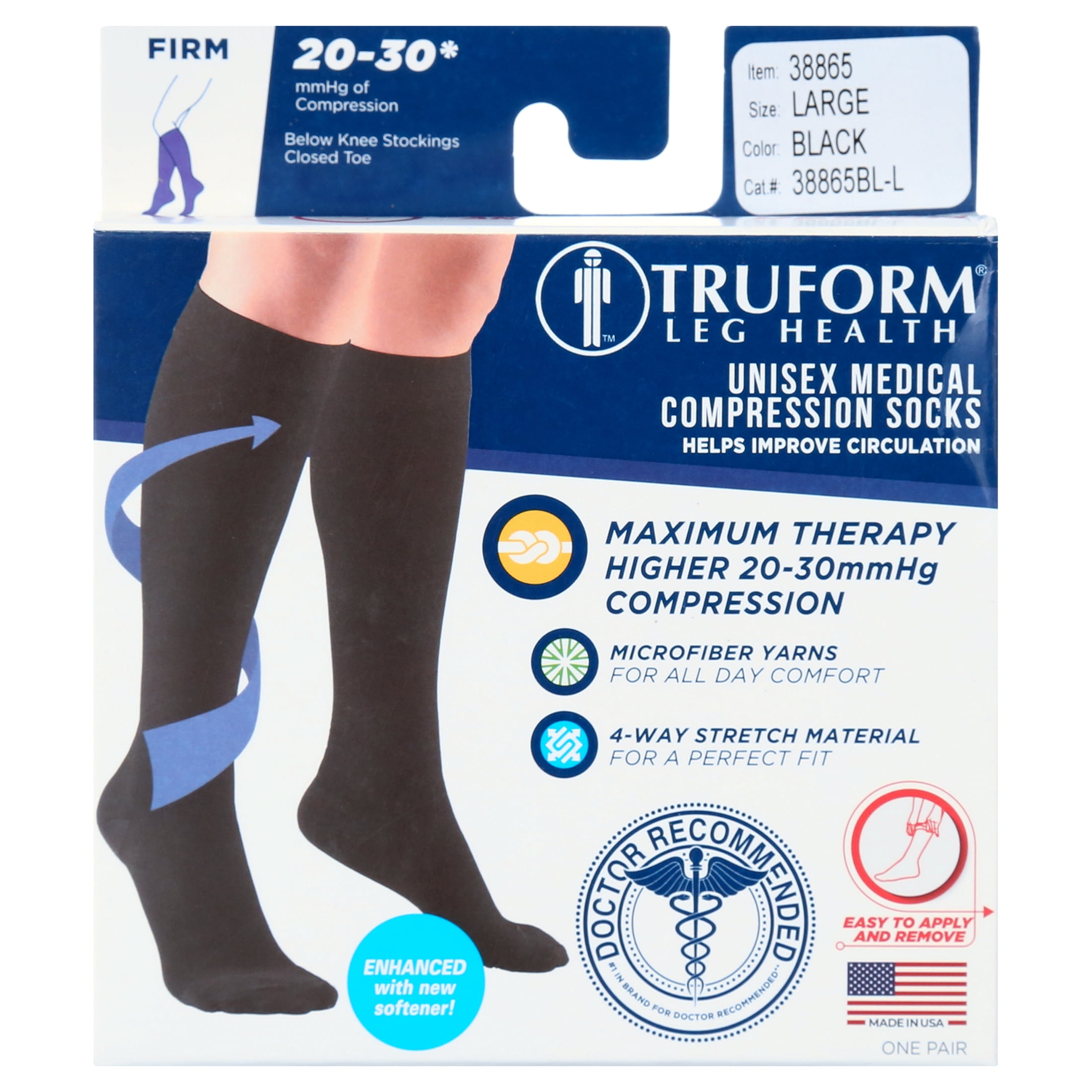 (3 pack) Truform Microfiber Medical Compression Socks 20-30 mmhg Knee High Closed Toe Black Large