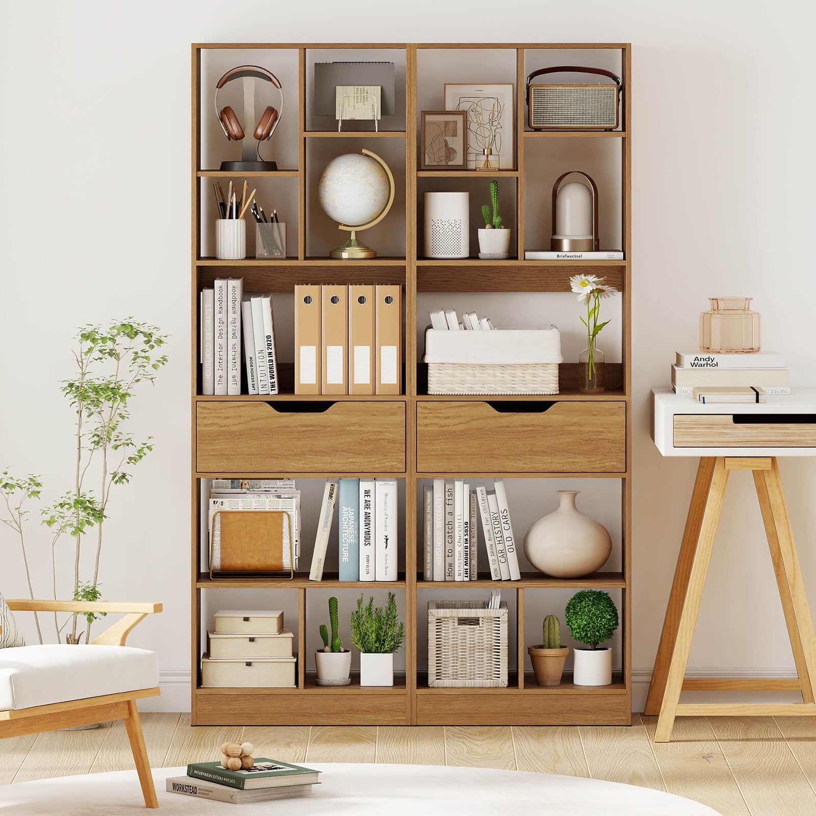 Costway 1 PCS 61” Bookcase with Drawer, 8 Open Cubes, Anti-toppling Kits for Living Room, Study Natural