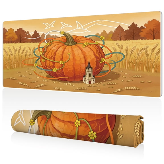 LIVEKEY Mouse Pad 80x40cm Extra Large Non Slip Stitched Durable Easy Clean Autumn Pumpkin Wheat Field Cute Church Pattern for Gaming Office