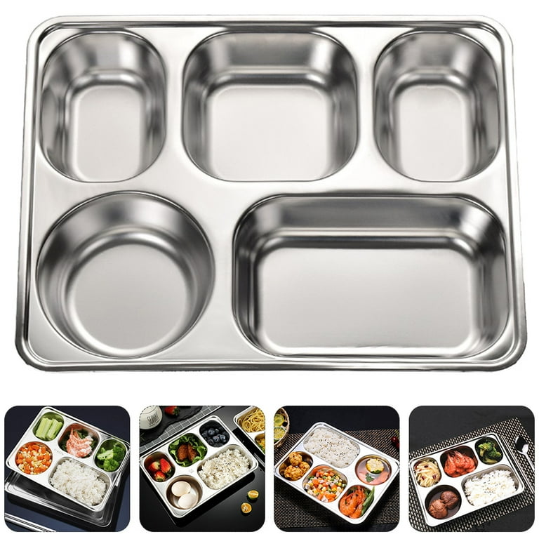 Lunch Compartment Tray, 1Pc Stainless Steel Divided Plate Rectangular 4  Sections Food Serving Tray 