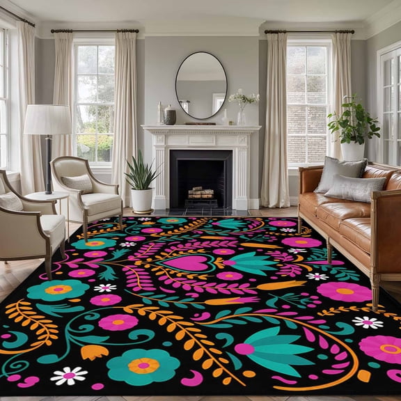 Large Area Rugs for Living Room Bedroom, Colorful Mexico 6'x9' Rug Washable Carpet Runner Indoor Outdoor, Modern Abstract Flowers Leaf Orange Pink Non Slip Floor Mats Rug for Kitchen, Playroom