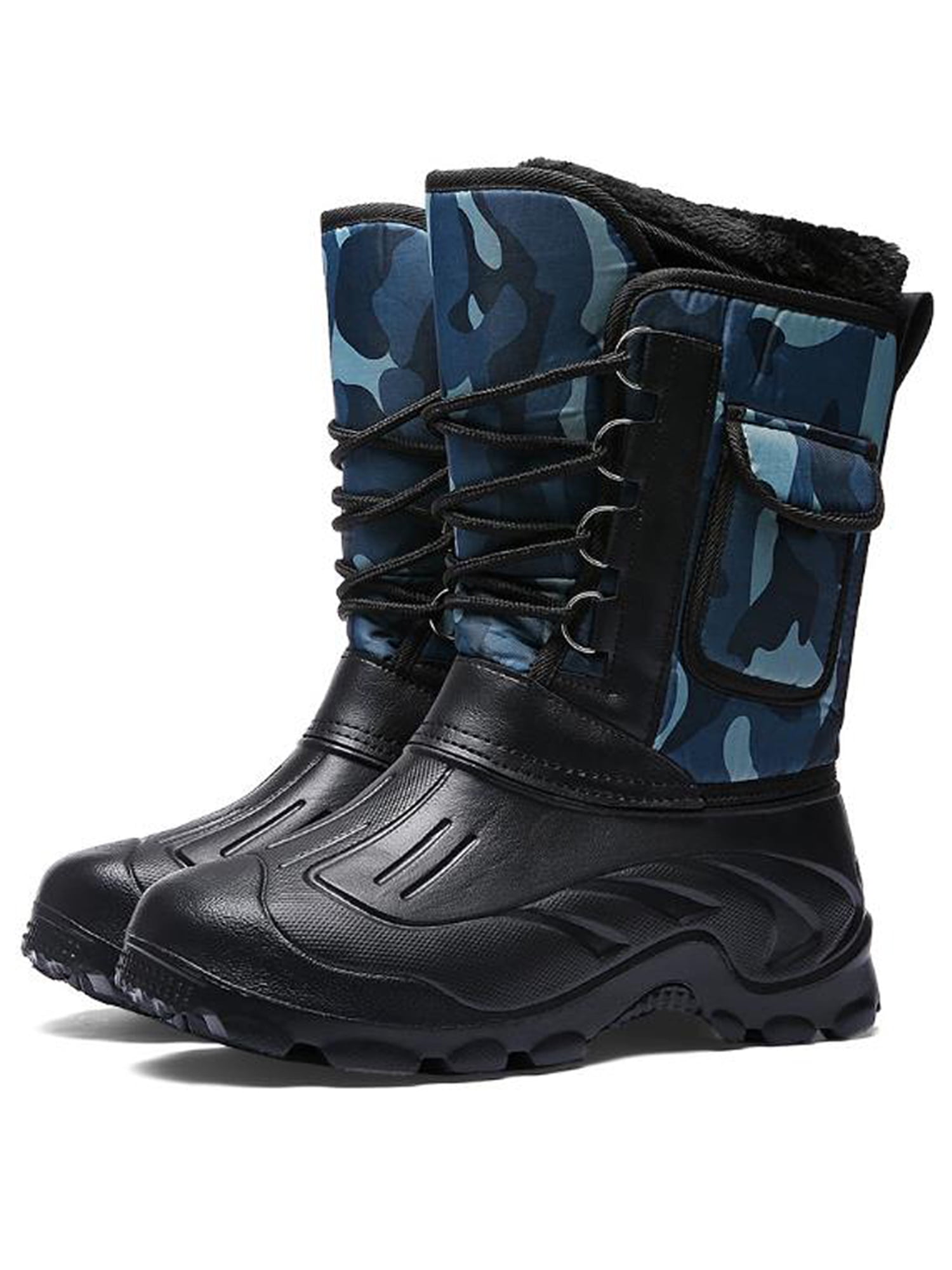 Men's PU Leather Snow Faux Fur Winter Warm Combat Boots Shoes Waterproof