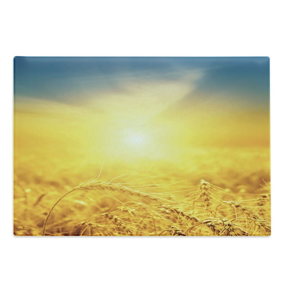 Yellow and Blue Cutting Board, Sunset over Harvest Wheat Nature Rural Field Autumn Landscape, Decorative Tempered Glass Cutting and Serving Board, Large Size, Earth Yellow Petrol Blue, by Ambesonne