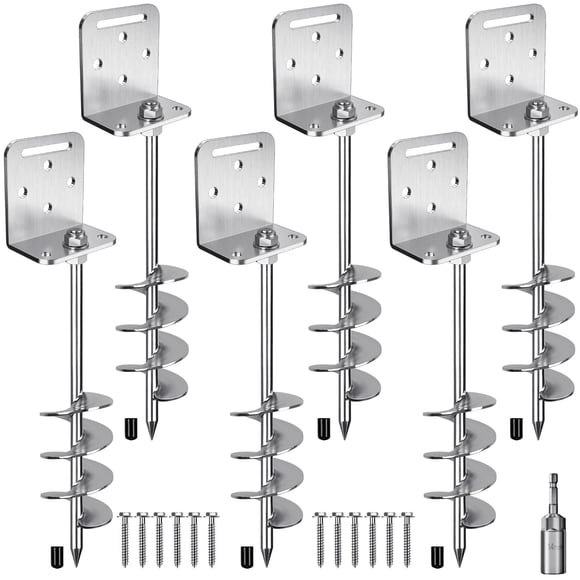 6 Pack 18" Screw in Ground Anchors Trampoline Anchors Kits 2.7" Wide Spiral Mobile Home Anchors with L Bracket Fence Earth Anchor Playset Anchor for