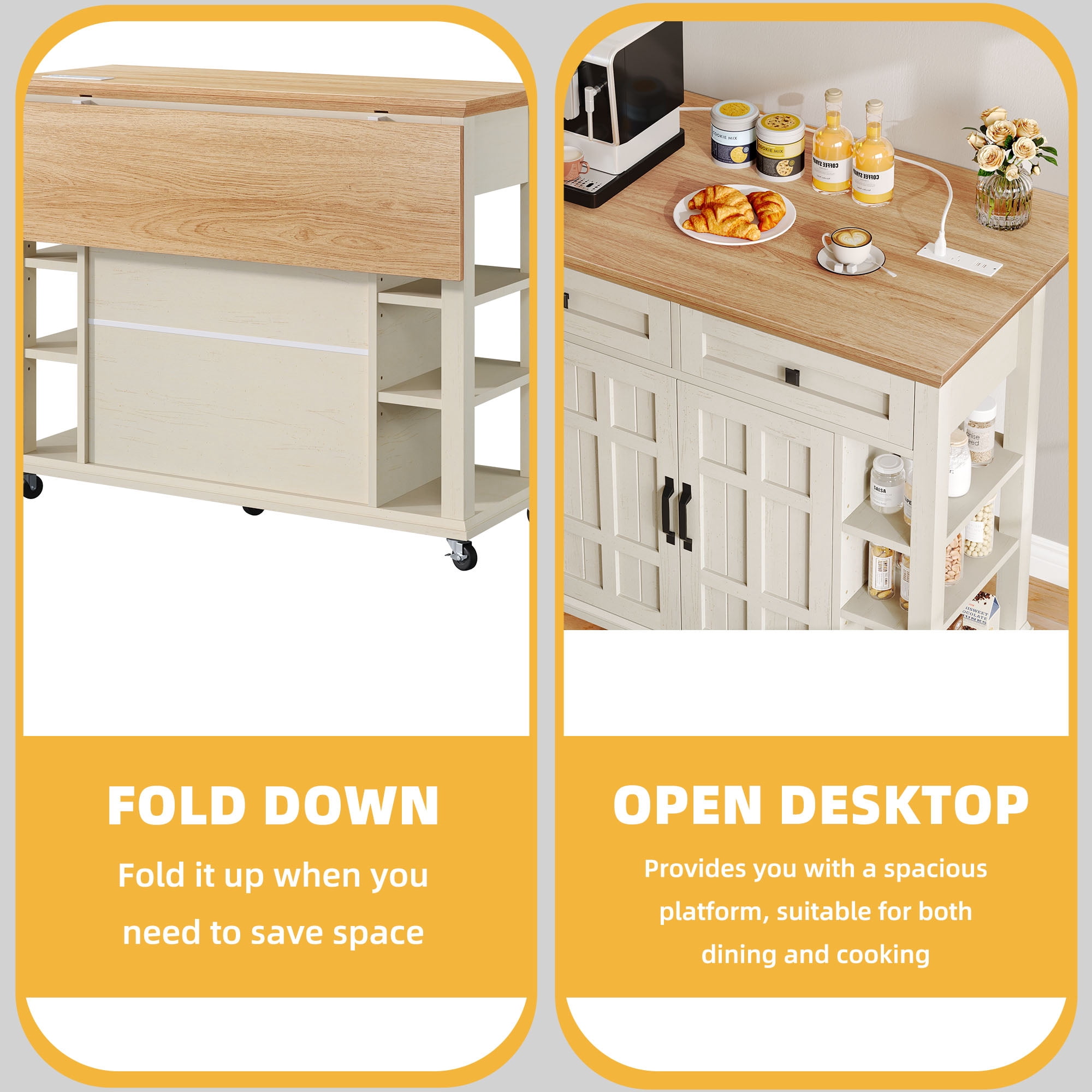 DWVO Kitchen Storage Cart with Power Outlets, Rolling Kitchen Island with Storage Shelves and Drawers, off-White