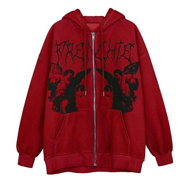 Chaquetas para mujer Otoño Abrigo suelto con capucha Moda gótica Ángel oscuro Estampado Casual Tops de manga completa Odeerbi ODB-3