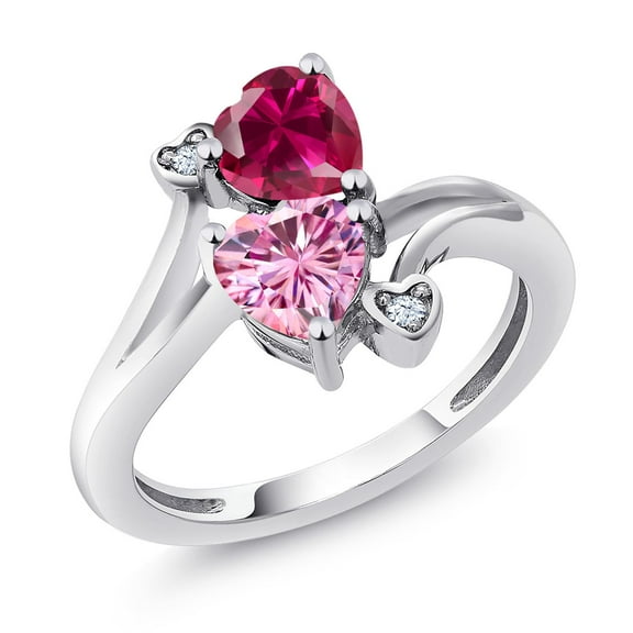 Gem Stone King 925 Sterling Silver Red Created Ruby Pink Moissanite Ring for Women (1.79 Cttw, Heart Shape 6MM, Gemstone July Birthstone, Size 5)