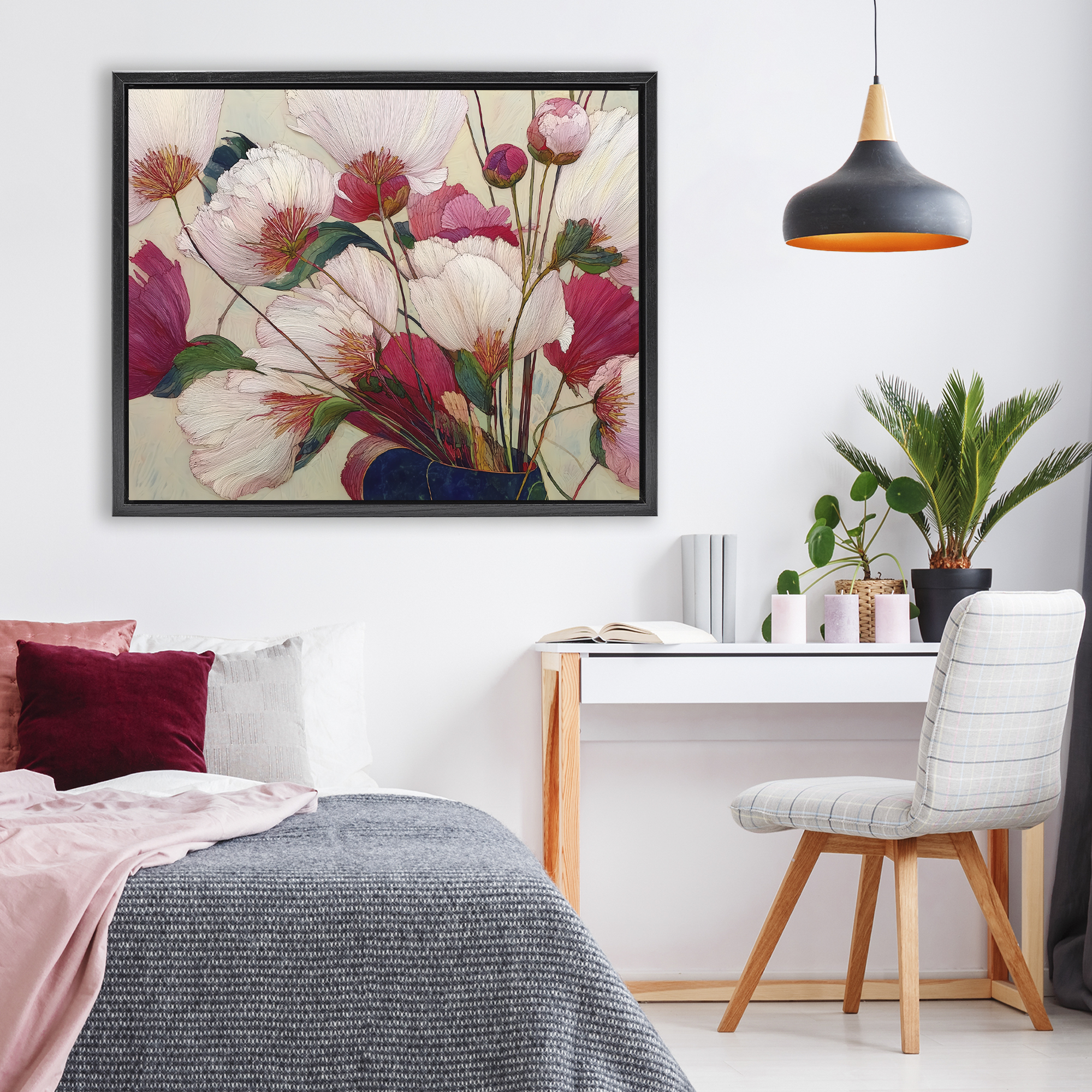 Lush Haiku Pink & White Flowers Black Framed Floater Canvas Wall Art, design by Annabelle Hall
