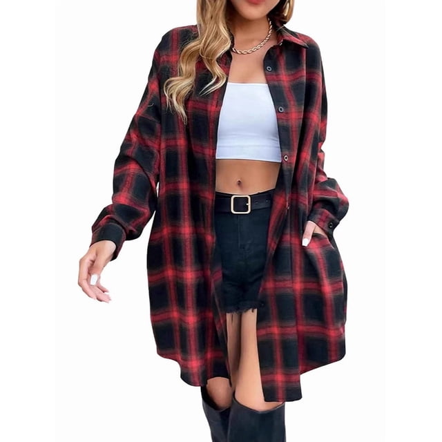 Women'S Button Down Flannel Shirts Plaid Shacket Long Sleeve Collared Long Jacket Coats Red & Black XXL