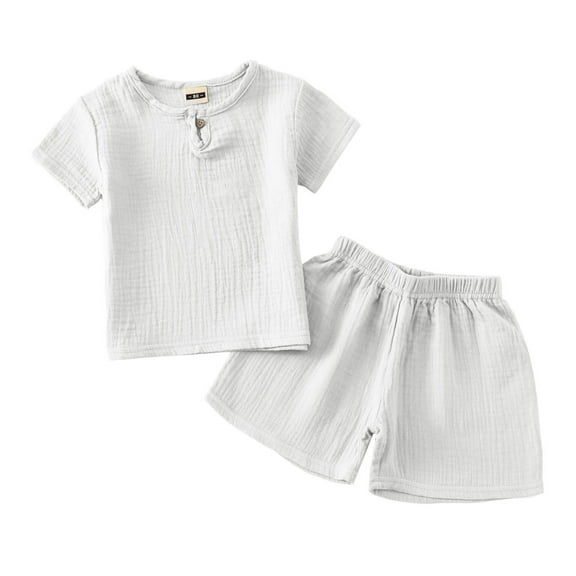 REDARER Summer Short Sleeve Set for Boys and Girls Cotton and Linen Button Short Sleeve T Shirt Shorts Thin Cute Set,6-12 Months