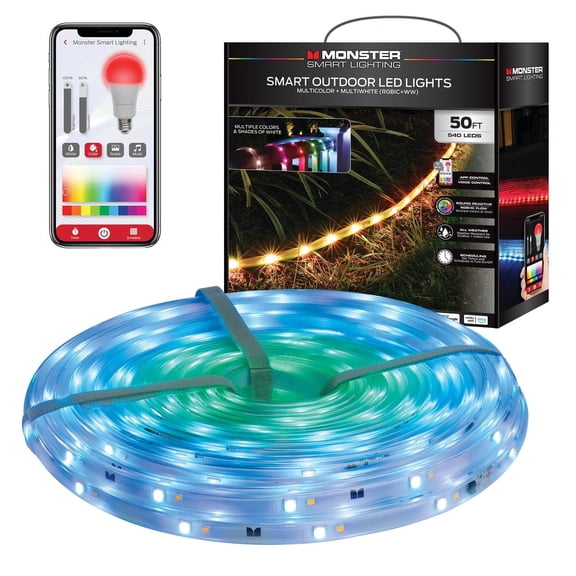 Monster Smart 50ft Outdoor LED Strip Lights, Multicolor Flow LED Lights for Patio & Backyard, Weather-Resistant, Sound Reactive, App & Voice Control