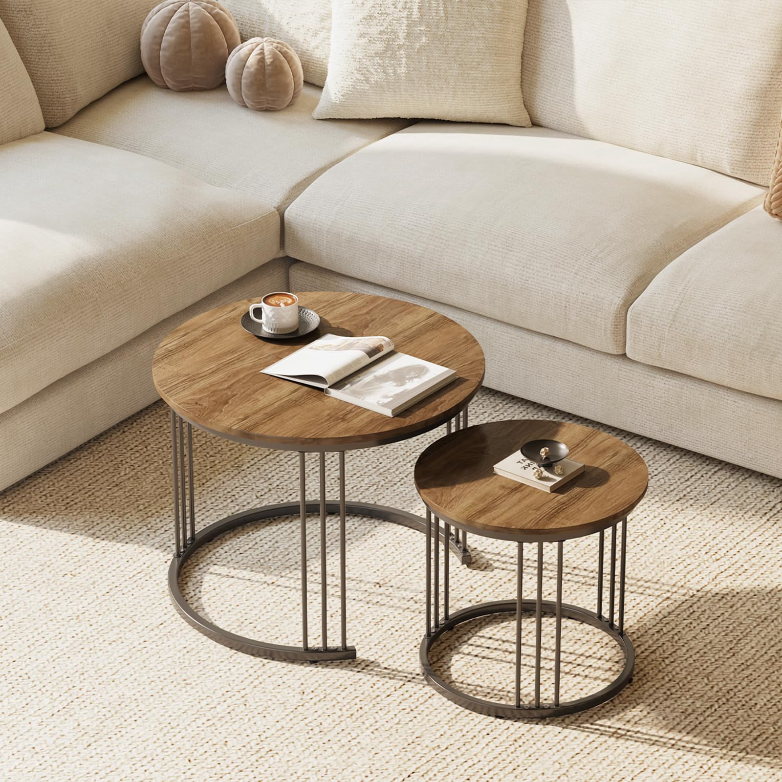 Nesting Coffee Table, 23.6" Round Coffee Table Set of 2, Wooden Nesting Table with Metal Frame, Ceter Tables for Living Room Bedroom Balcony, Brown