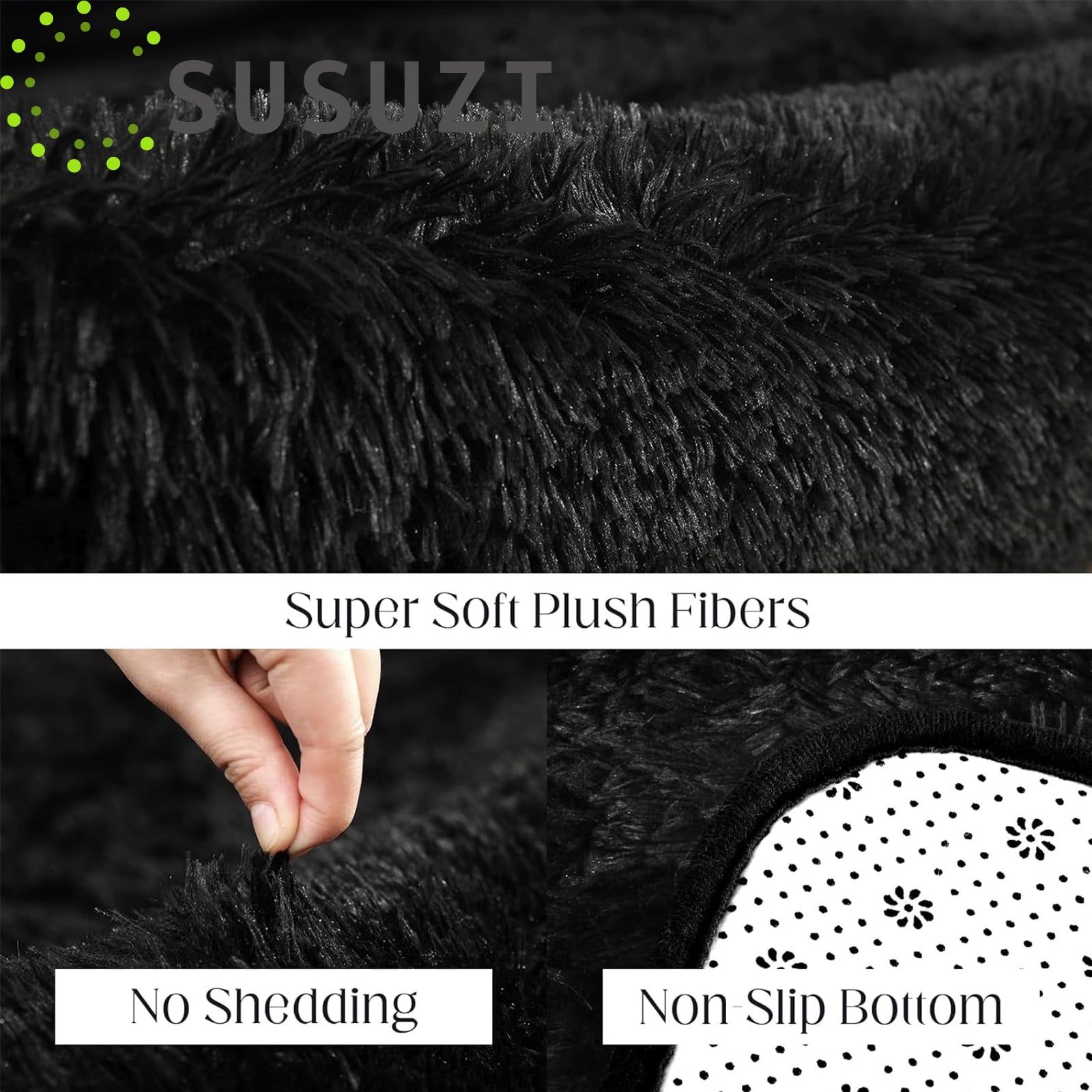 SUSUZI 5' x 7' Shaggy Area Rug, 2" Thick Ultra Plush Fluffy Carpet with Non-Slip PVC Backing, Black Modern Soft Rug for Bedroom Living Room Kids Room