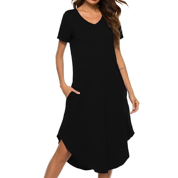 SWSMCLT Women's Soft Nightgowns Summer Cotton Long Pajama Dress Scoop Neck Short Sleeve Flowy Sleep Dress Loungewear Pockets Black Large