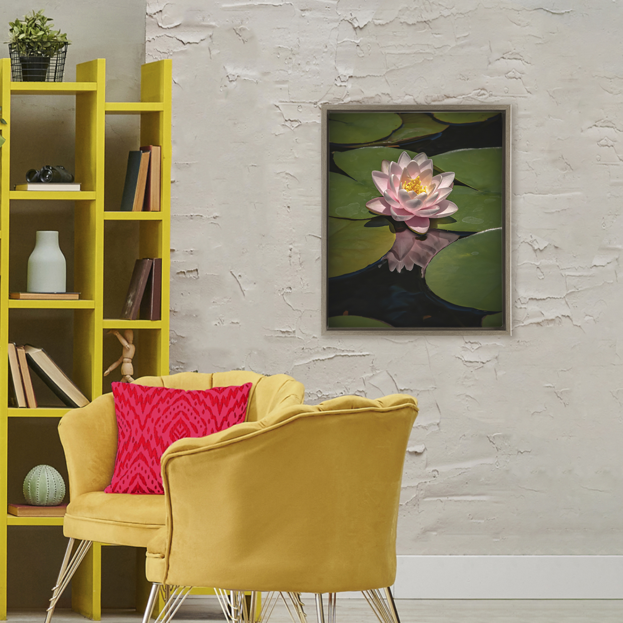 Pink Lotus Among Lily Pads Brown Framed Floater Canvas Wall Art, design by Phillip Flowers